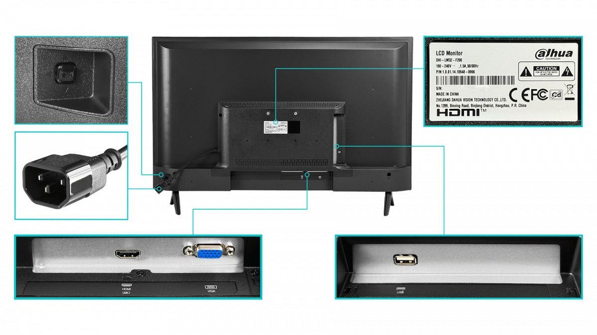 LM32 DAHUA Pantalla profesional de 32 pulgadas con resolución Full HD 1920x1080, entradas HDMI, VGA y USB, alimentación 100-240Vac