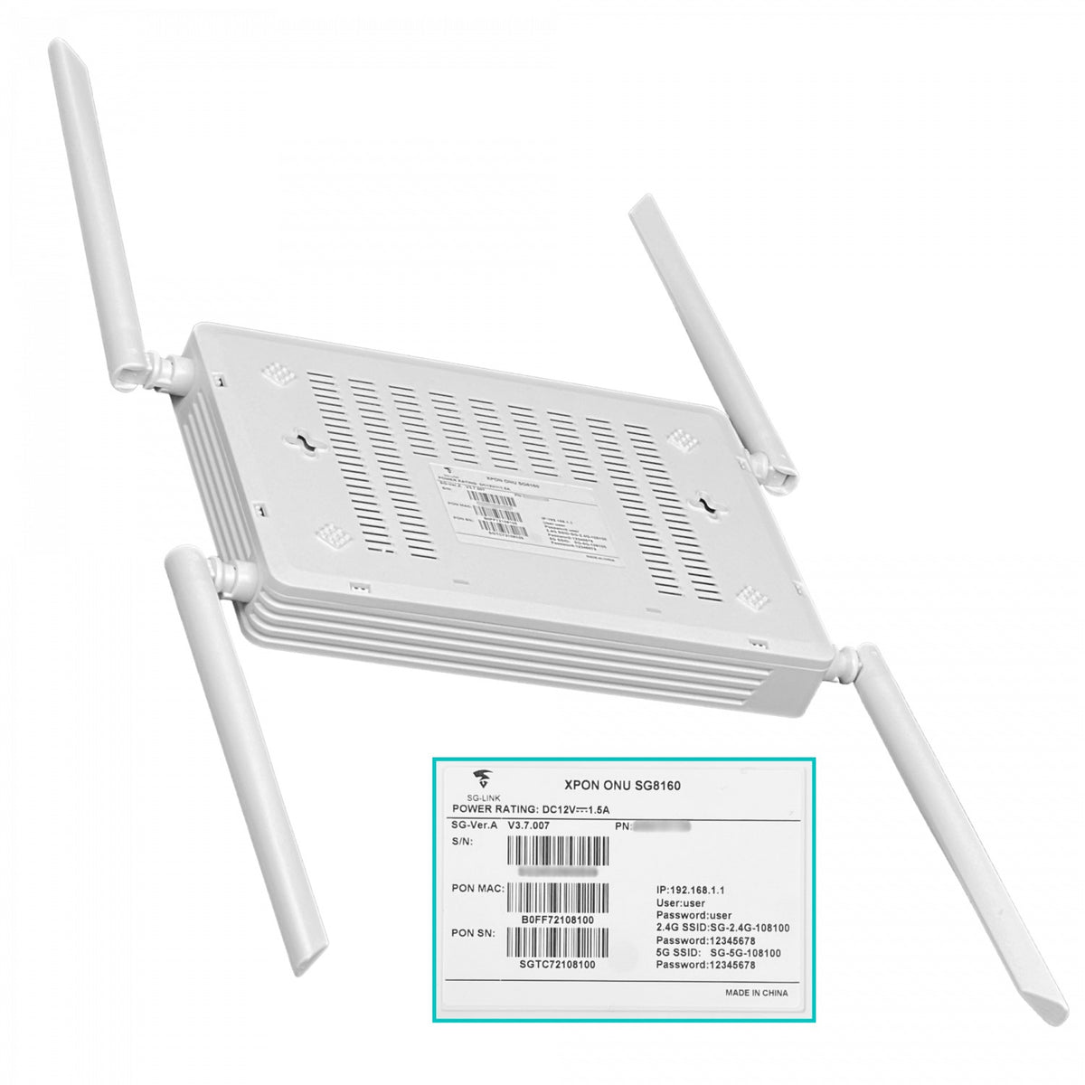 SG8160 ONU WiFi6 necesita-12VDC XPON 4-Puertos-1000 1-RJ11-FXS SC/UPC AX1800 4-antenas-integradas