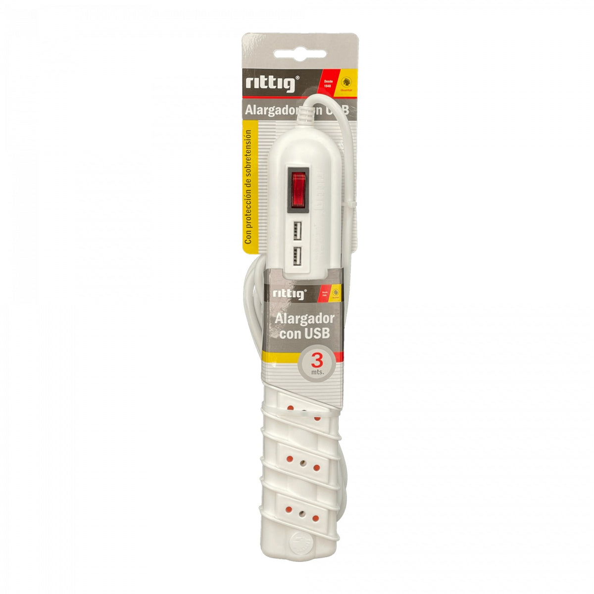 ELG-35WU Regleta RITTIG blanca 5 tomas con interruptor luminoso, 2 USB 5V, cable 3m, 10A-250V, 2200W