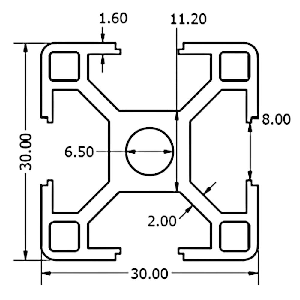 Perfil Estructural Aluminio Tslot 30x30x3000 mm
