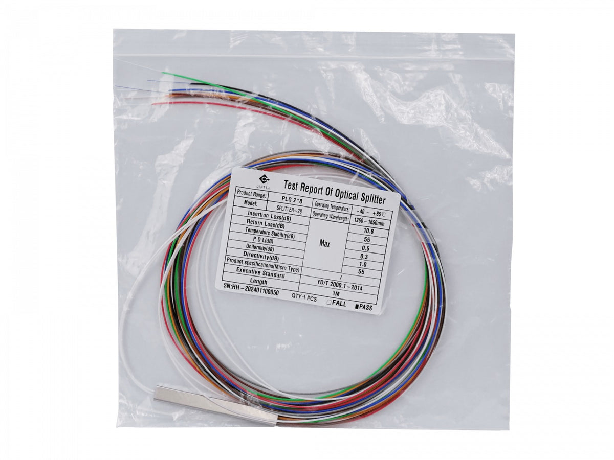 DIVE-08 Divisor Óptico XPON/XGPON de 1 Metro 2x8 sin Conectores que Requiere Empalme por Fusión G657A1