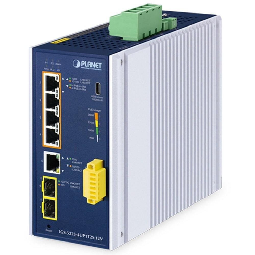 Switch Ethernet Gestionado Industrial IGS-5225-4UP1T2S-12V L2+ de 4 Puertos 10/100/1000T 802.3bt PoE + 1 Puerto 10/100/1000T + 2 Puertos 1G/2.5G SFP Con Amplificador de 12 V