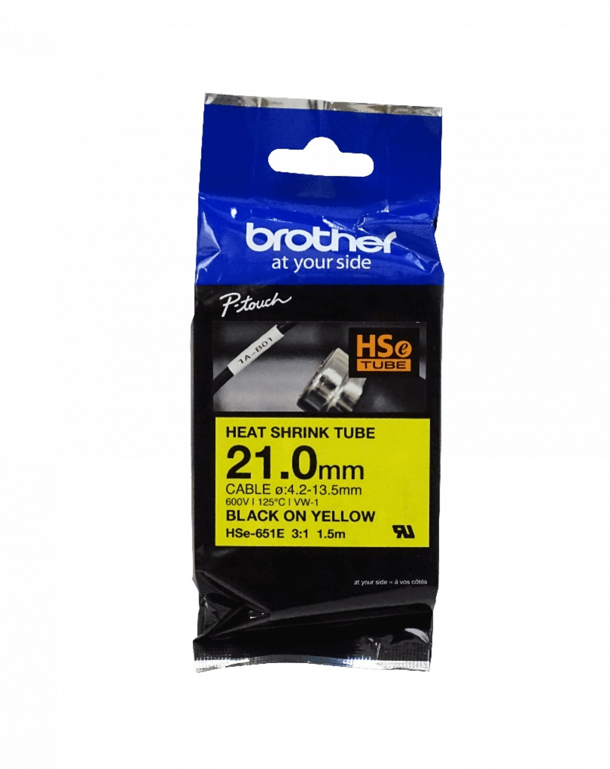 HSE-651E BROTHER 21mm Tubo Contráctil por Calor 4,2-13,5mm Negro sobre Amarillo Manga 1,5mt