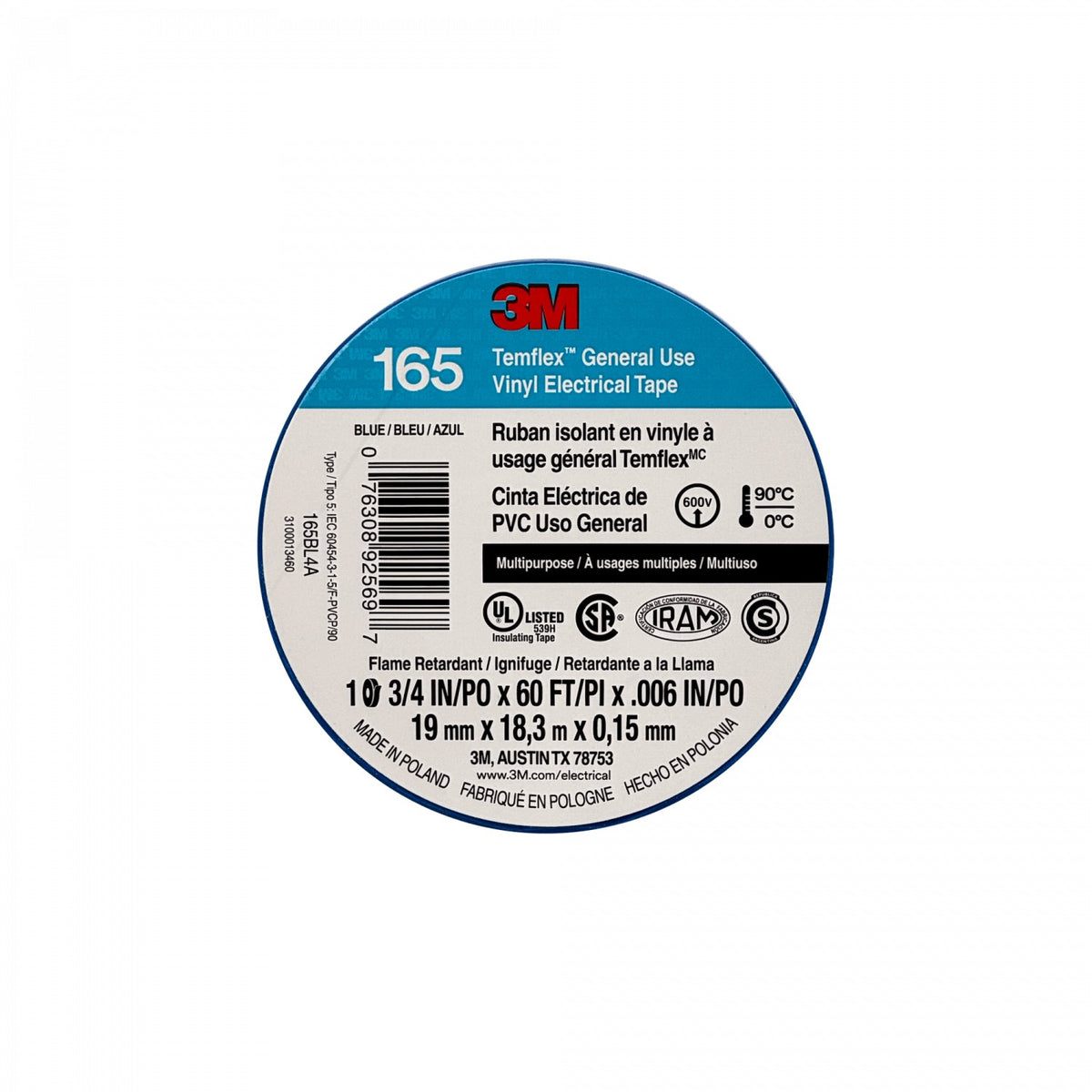TEMFLEX-18A 3M 18 metros 165 Azul Cinta Aislante Eléctrica PVC 19mm 0,15mm 600V 0-90ºC