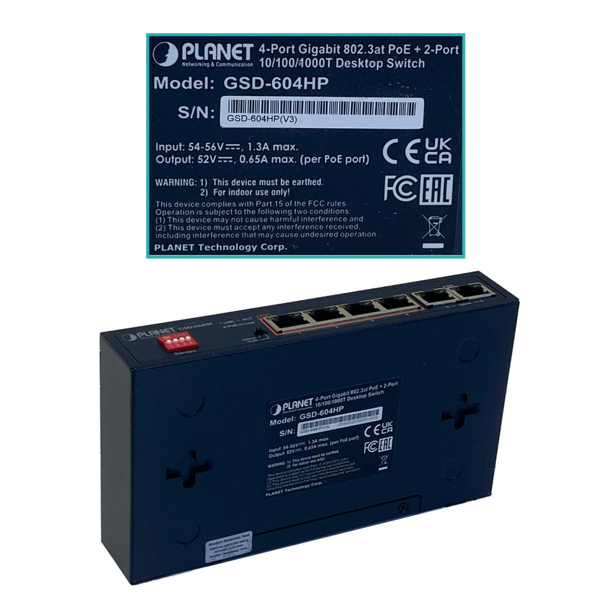 GSD-604HP PLANET 6-1000(4-PoE+af/at) 55W-tot Conmutador no-Gestionable no-Rack inc-55V/72W