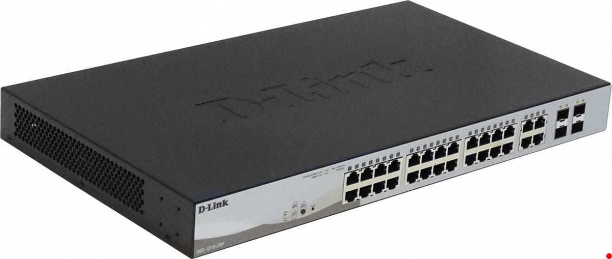 DGS-1210-28P. Conmutador Inteligente Rack D-LINK 24 puertos 1000 con PoE 48V (4-at/20-af) 4 ranuras SFP 193W totales vista 4