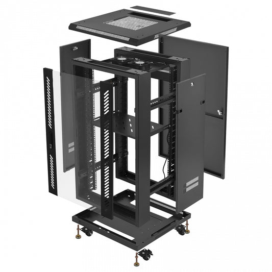 RK22-6LD LINKMADE Gabinete rack desarmable 22U con puerta de vidrio, 60cm de fondo, ventilador y PDU, 3 cajas