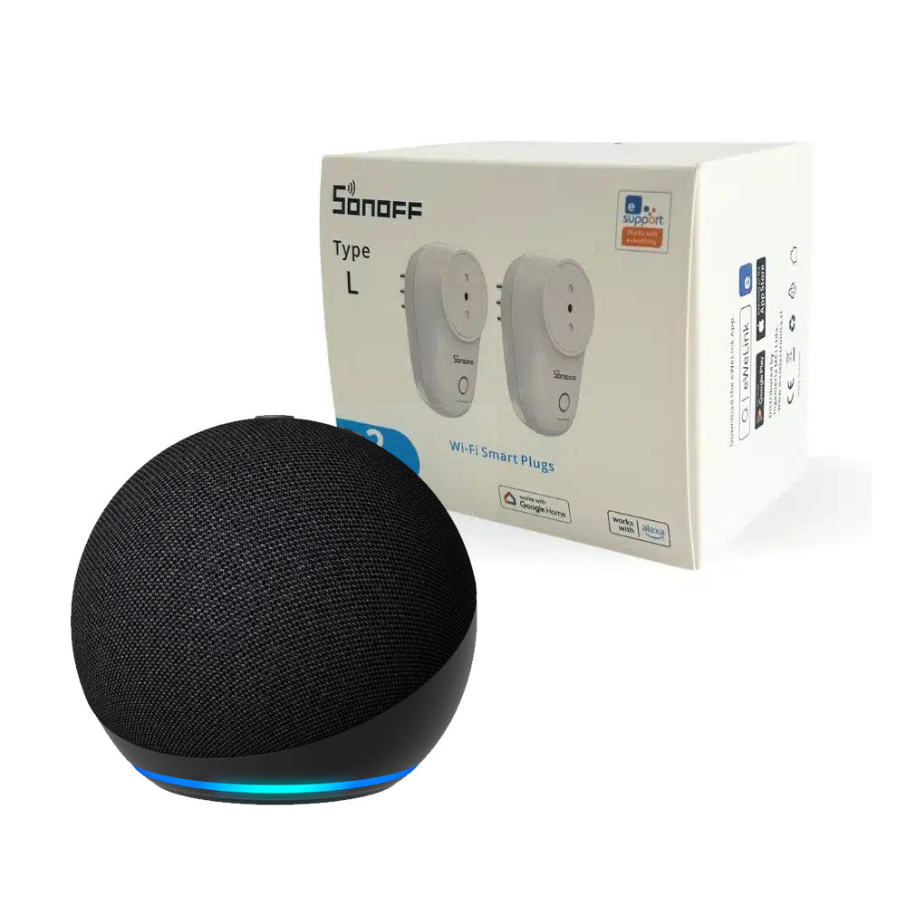 Paquete Echo Dot 5 de Amazon + Conjunto de 2 Tomacorrientes Inteligentes Sonoff S26 con Conectividad WiFi