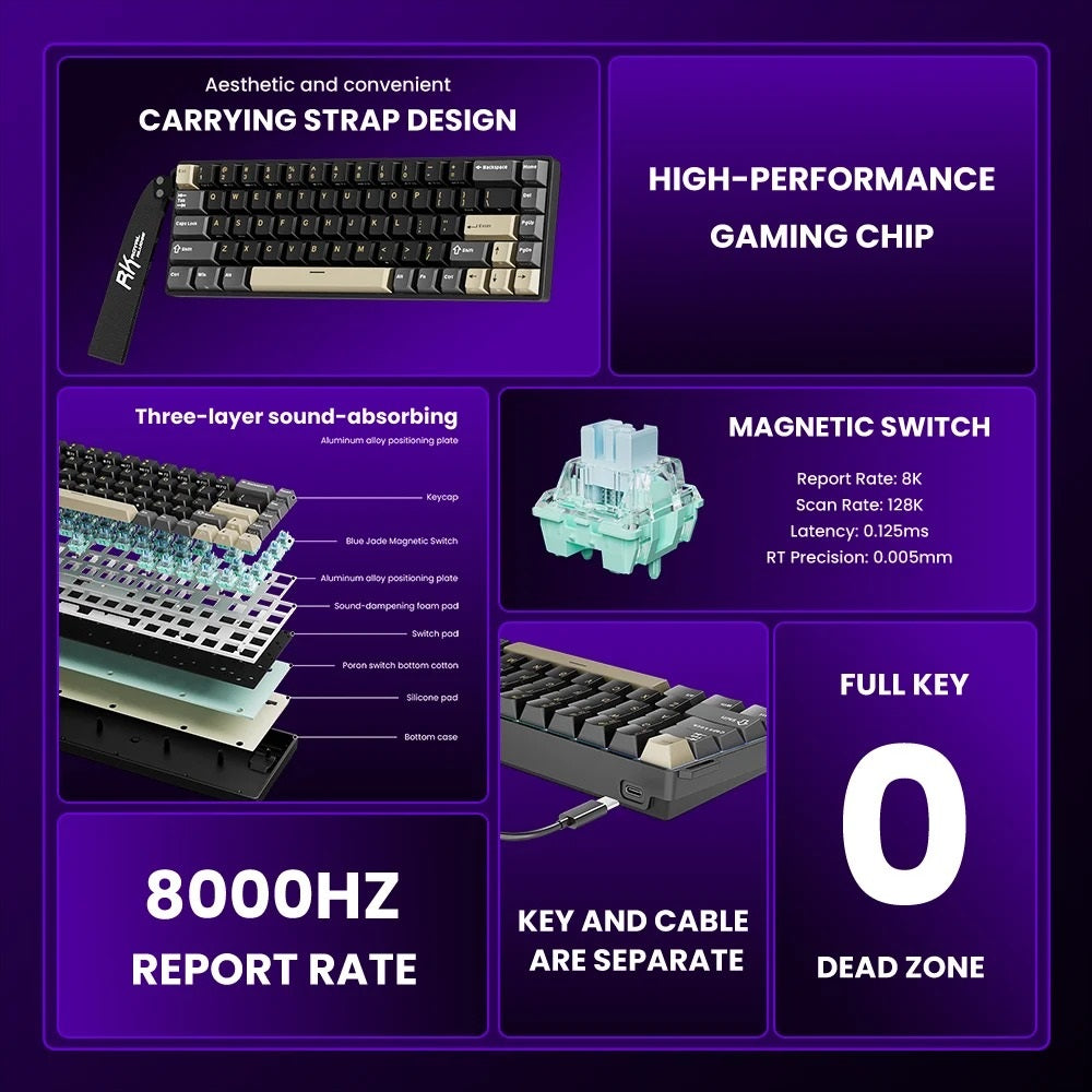 Teclado Mecánico Gamer Royal Kludge RK68 HE 8KHz con Interruptores Hall Effect