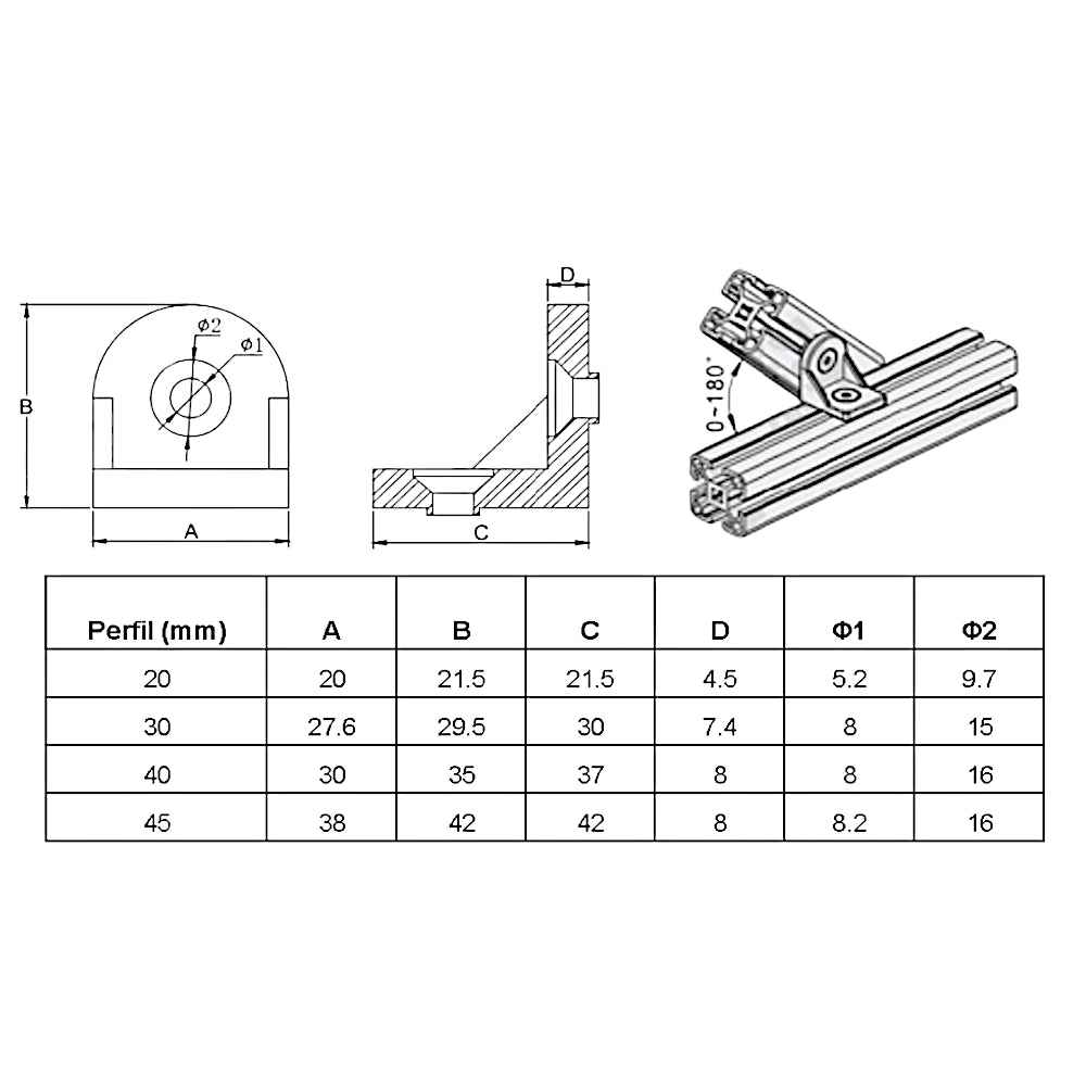 Soporte escuadra ángulo ajustable perfil Tslot 30 mm 2 und
