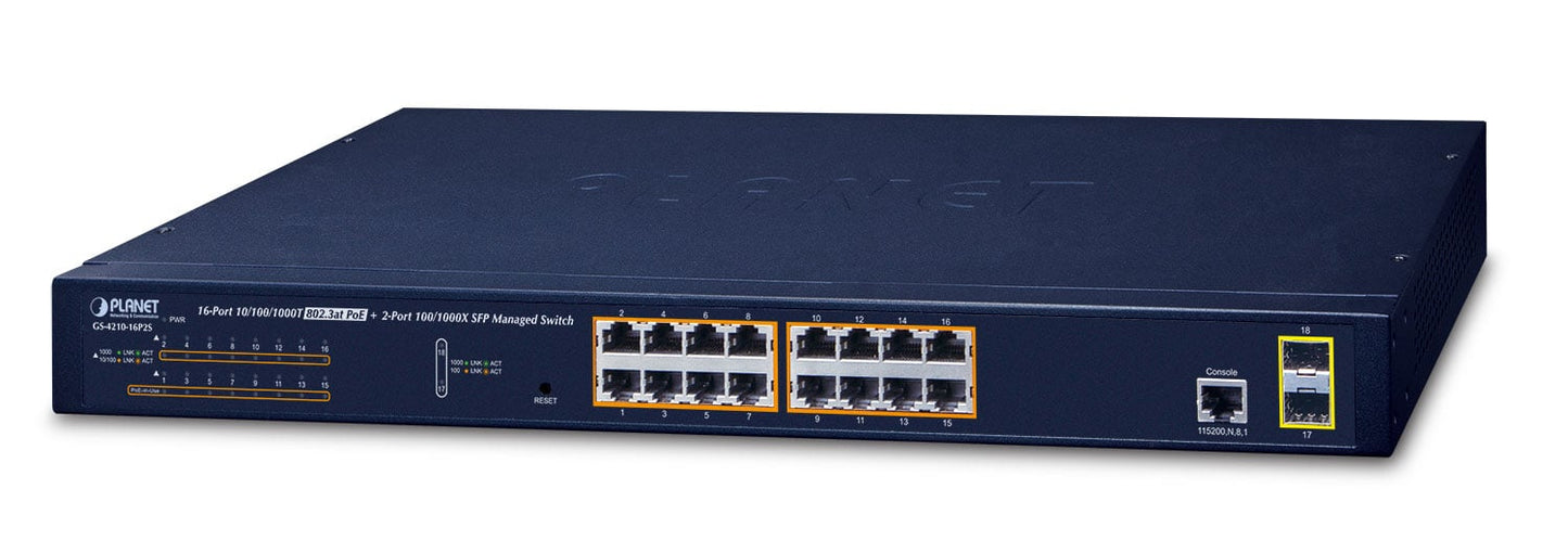 Switch Administrado de 16 Puertos 10/100/1000T 802.3at PoE + 2 Puertos 100/1000X SFP