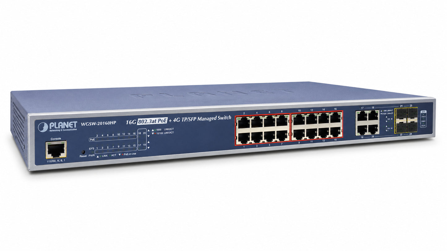 Switch administrado combinado L2+ de 16 puertos 10/100/1000BASE-T 802.3at PoE + 4 puertos Gigabit TP/SFP (Descontinuado)