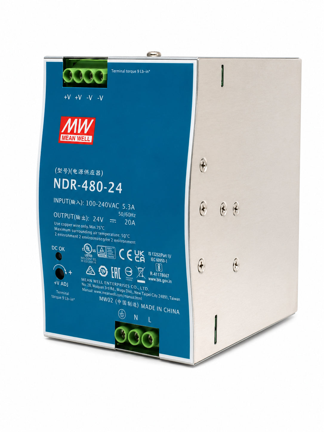 Fuente de poder Riel DIN metálica 480W NDR-480 - 24V