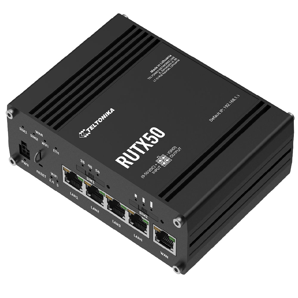 Dispositivo de enrutamiento industrial 5G con doble tarjeta SIM Teltonika RUTX50 incorporando conmutación por redundancia