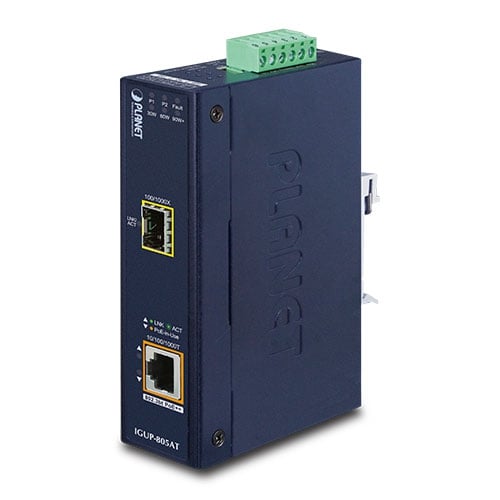Conversor de Medios Industrial PoE++ de 1 Puerto 100/1000X a 1 Puerto 10/100/1000T 802.3bt PoE++