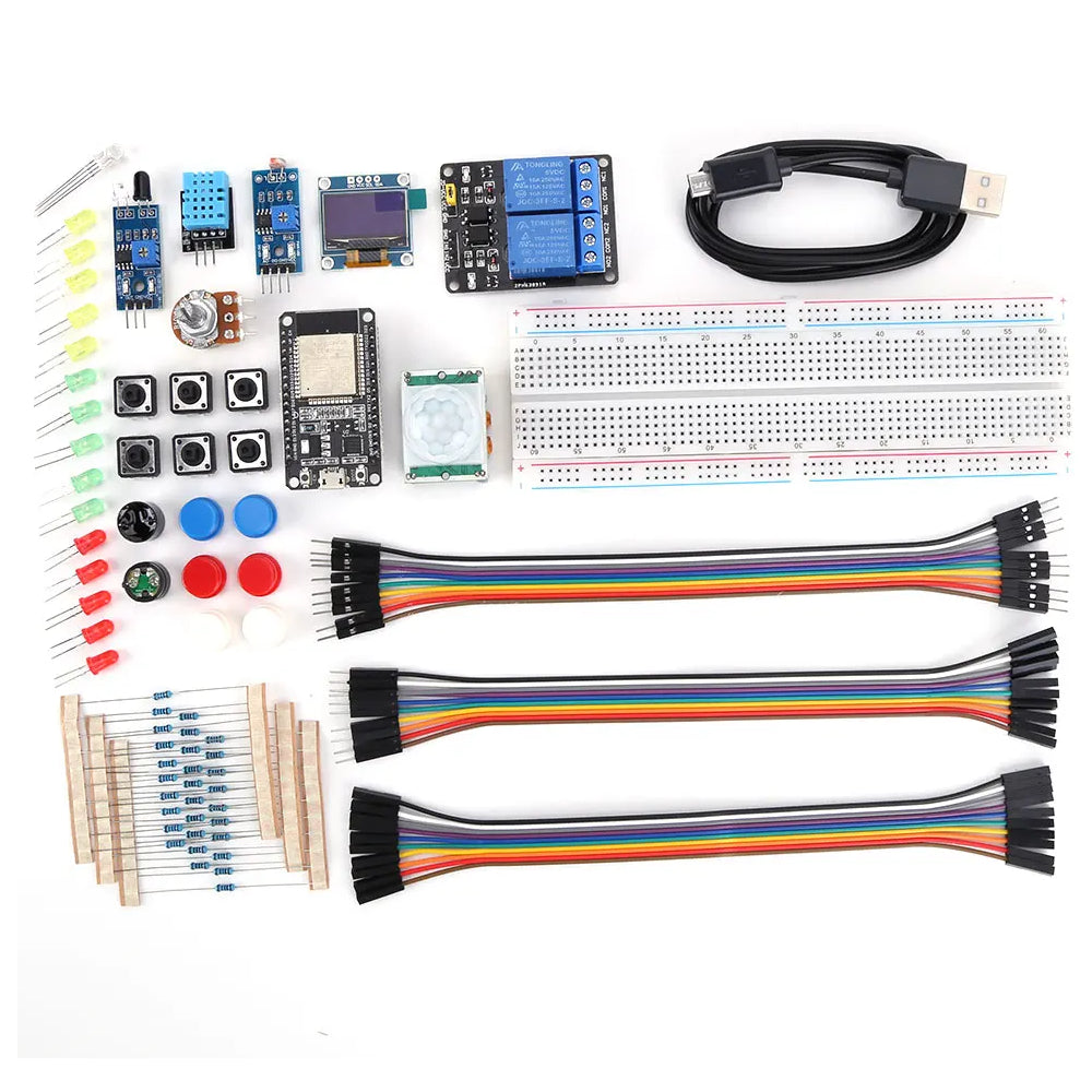 Conjunto de elementos y componentes de electrónica con plataforma microcontroladora ESP32