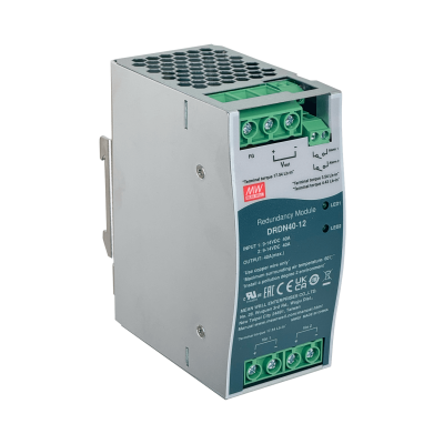 DRDN40-12. MEANWELL módulo de redundancia 12VDC 40A, ancho 55mm, riel DIN, entrada 9-14VDC