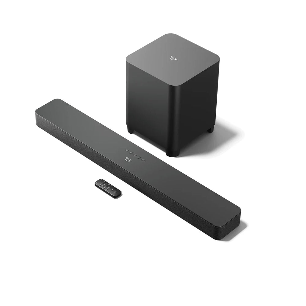 Barra sonora Fire TV Plus de Amazon acompañada de woofer grave (Caja abierta)
