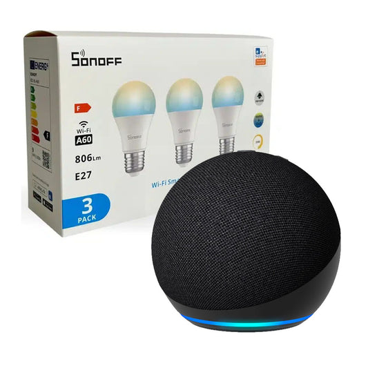 Paquete Echo Dot generación 5 Amazon + Conjunto de 3 Lámparas LED Conectadas WiFi Sonoff
