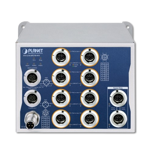 Switch Industrial L2+ 8 Puertos Gigabit PoE+ M12 + 2 Puertos Gigabit M12 PLANET ITS-5216-8P2TB-WV