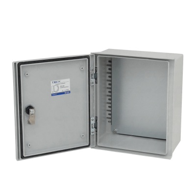 TIP-325. Caja estanca TIBOX de poliéster 300x250x140mm color gris IP65 RoHS con placa de montaje