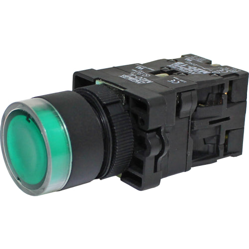 Pulsador momentáneo redondo plástico Iluminado 22mm 1NA+1NC Serie P20 - Blanco - Piloto LED 220VAC/DC