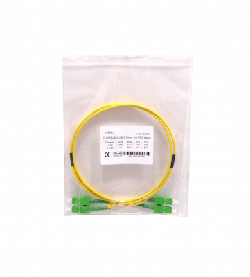 JFSAA1. Cable puente de fibra óptica monomodo SM dúplex de 1 metro, conectores SC/APC a SC/APC, núcleo de 9/125 µm y cubierta LSZH.