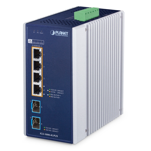 Conmutador Ethernet Industrial IGS-1000-4UP2X de 4 Puertos 10/100/1000/2500T 802.3bt PoE y 2 Puertos 10G SFP+