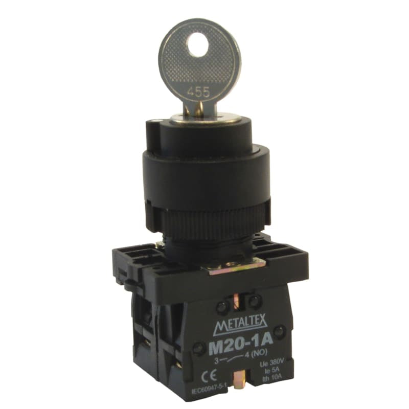 Selector con llave plástico 2 y 3 posiciones fijas 22mm serie P20 - 2NA - 4 - 3 Posiciones fijas 45°