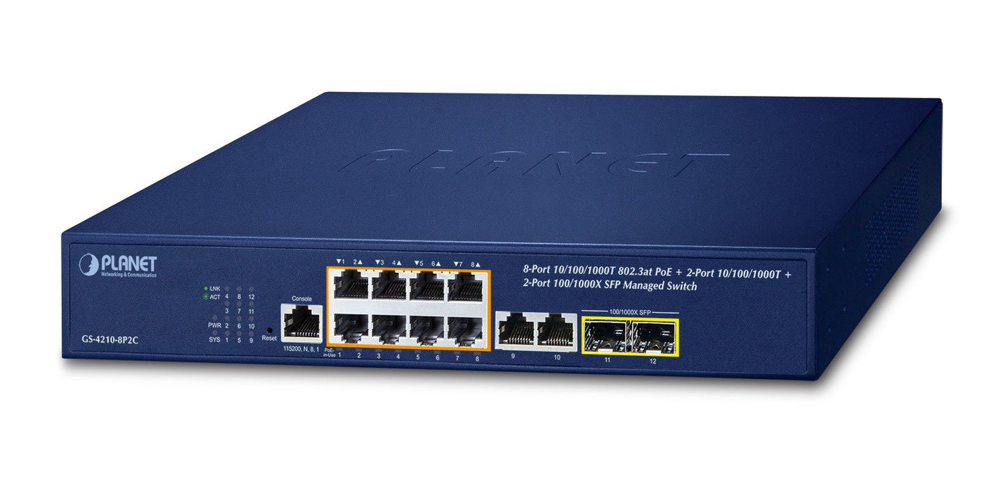 Switch Gigabit Administrado SFP de 8 Puertos 10/100/1000T 802.3at + 2 Puertos 10/100/1000T + 2 Puertos 100/1000X SFP