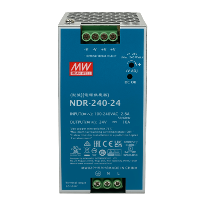 NDR-240-24. Fuente de alimentación MEANWELL para riel DIN, 24VDC 240W 10A, ajustable 24-28V, ancho 63 mm