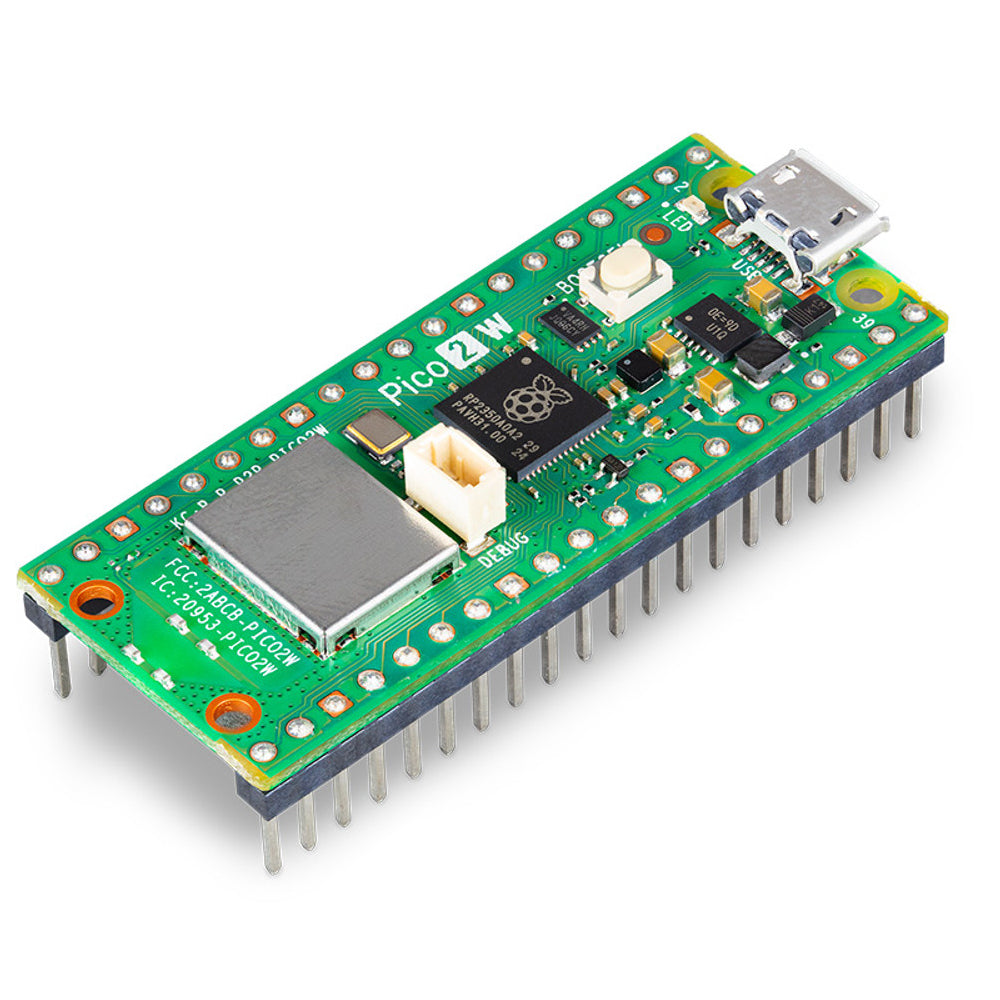 Raspberry Pi Pico 2 W provisto de conectores soldados