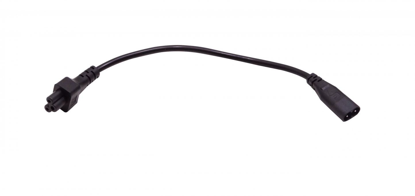 C8MT Cable de alimentación negro de 30cm con clavija en forma de ocho Macho (C8) a conector trébol Hembra (C5), calibre 3x0.75mm y capacidad de 10 amperios
