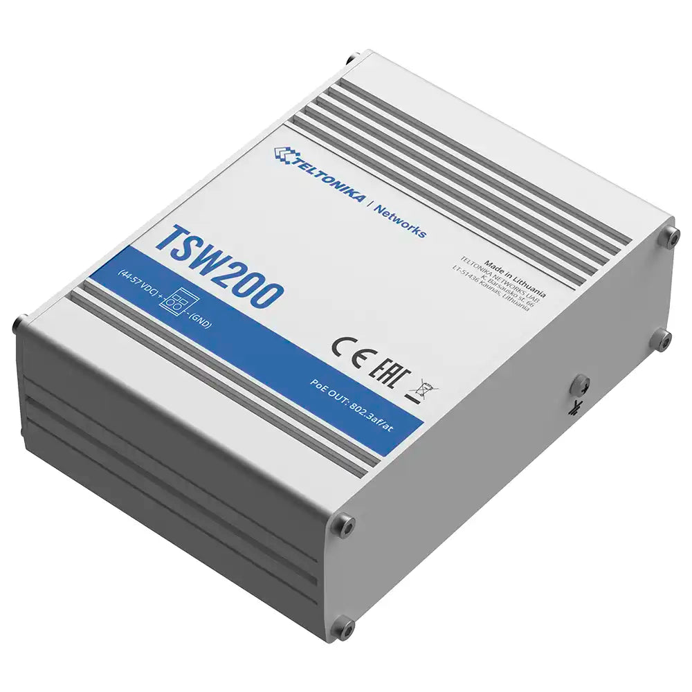 Conmutador Industrial PoE Teltonika TSW200, 8 interfaces LAN, alimentación PoE en puertos 1 al 8, velocidades 10/100/1000 Mbps, 2 ranuras de fibra SFP