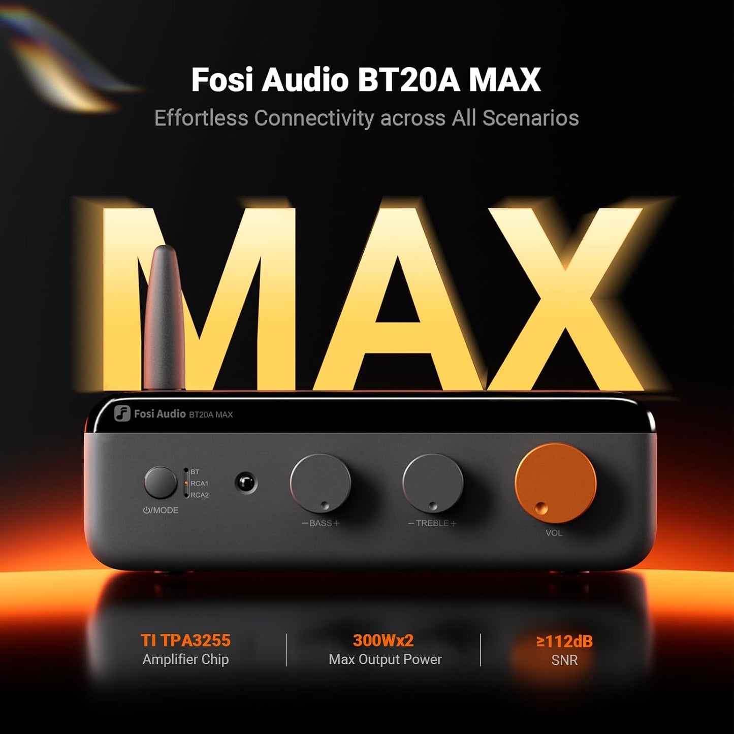 Amplificador de sonido inalámbrico Bluetooth de 300 vatios 2.1 canales con audio de alta resolución – Fosi Audio BT20A MAX incluye fuente de alimentación de 48V