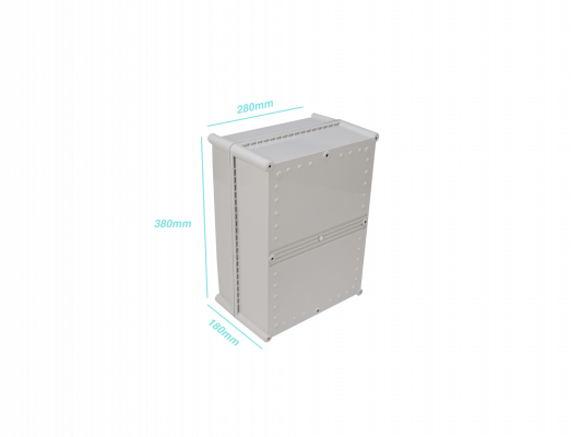 AG-2838-1. Caja plástica gris con tapa gris de 380x280x180 mm, con placa de montaje, grado de protección IP66, conforme a RoHS
