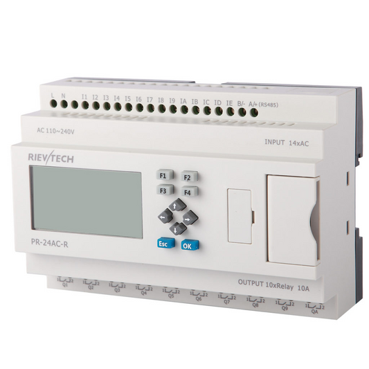 PLC Rievtech PR-24AC-R, 14 entradas digitales, 6 salidas relé, alimentación 110-240VAC