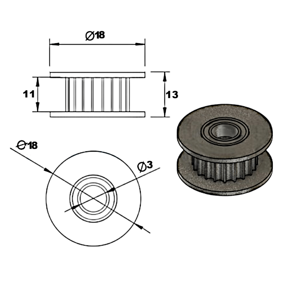 Rueda de correa GT2-10 mm 20 dientes (D.I. 3mm)