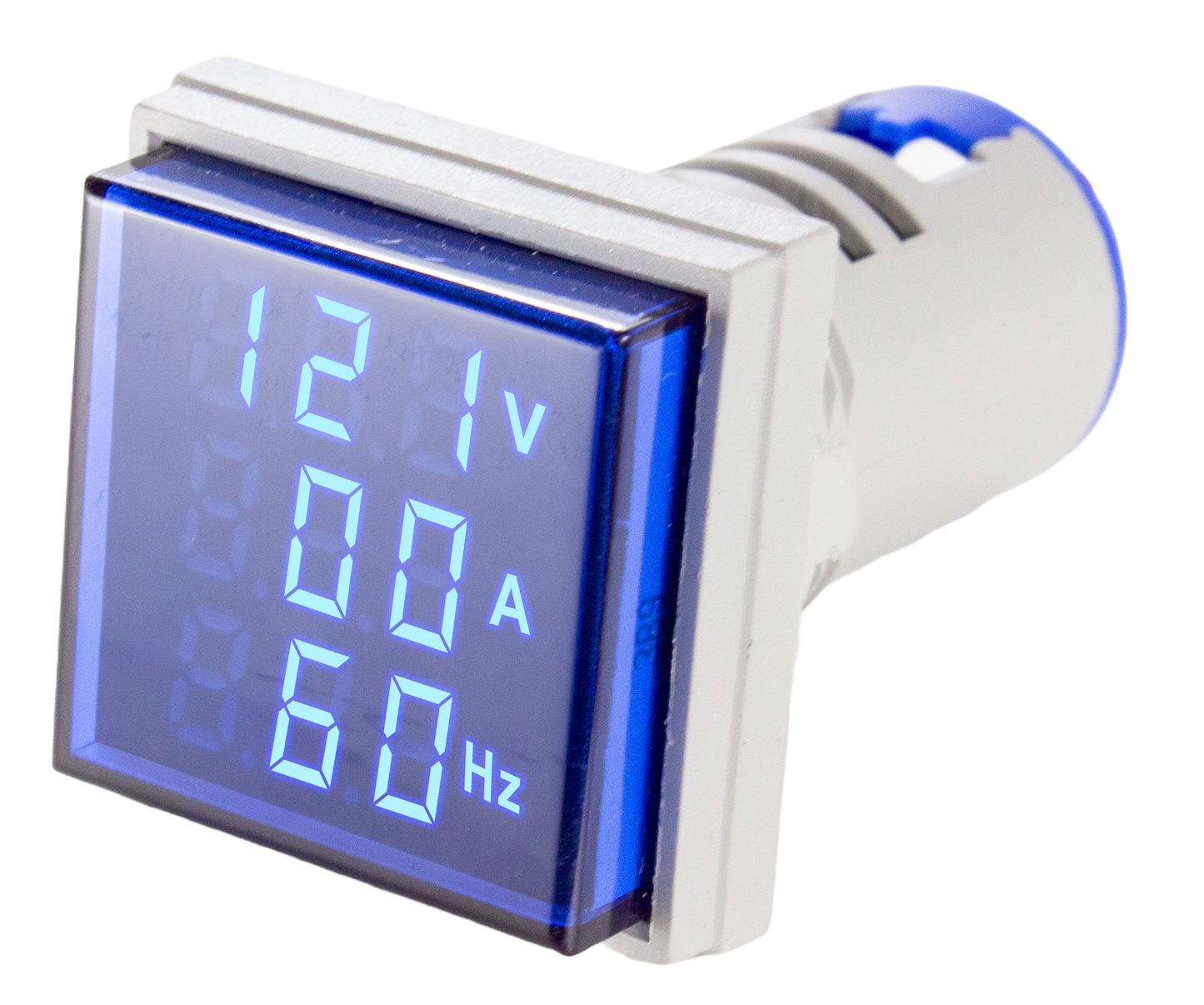 Indicador Digital Tensión, Corriente y Frecuencia 0-99HZ, 0-100A, 50-500VCA, 22mm, cuadrado - Azul
