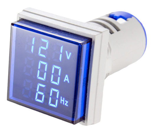 Indicador Digital Tensión, Corriente y Frecuencia 0-99HZ, 0-100A, 50-500VCA, 22mm, cuadrado - Azul