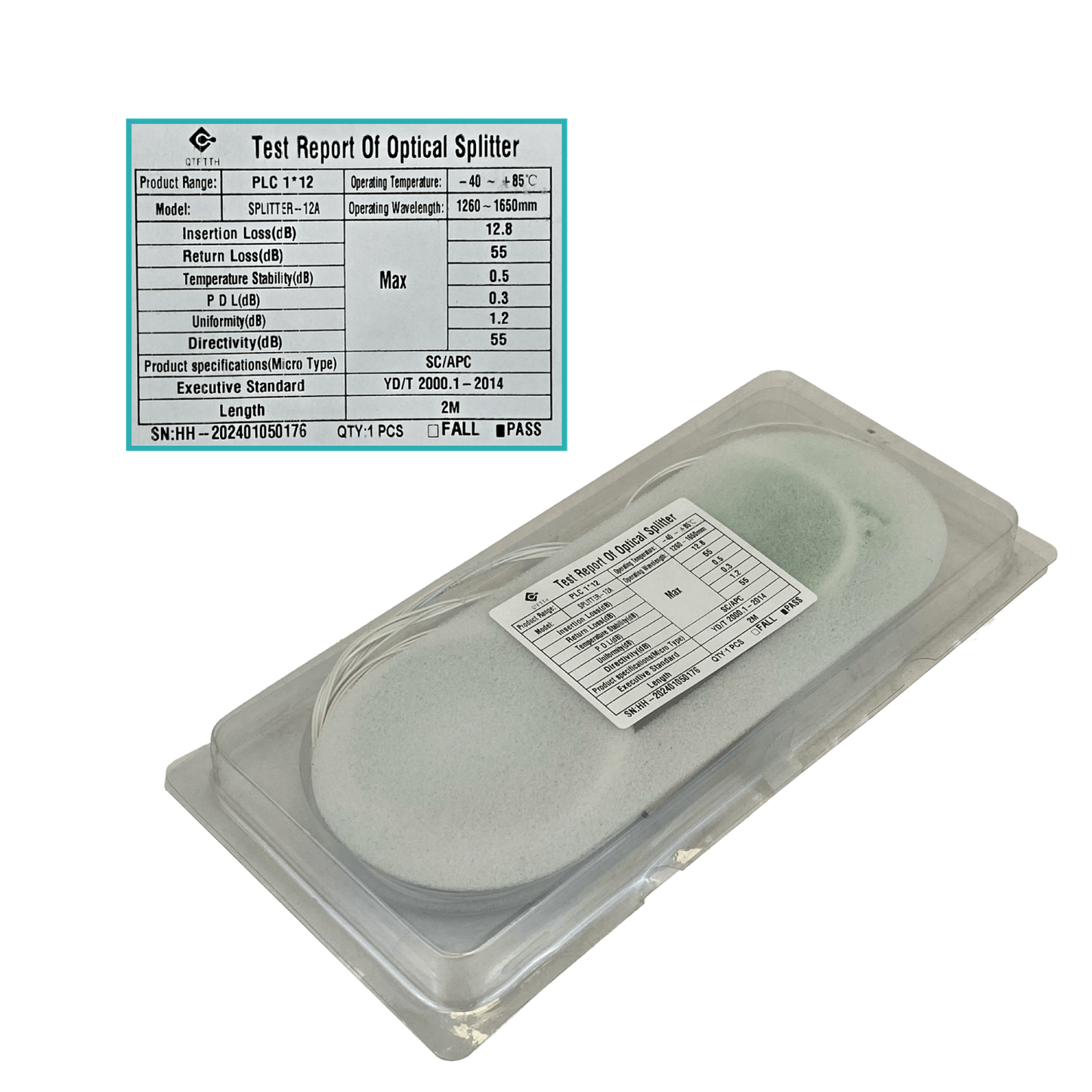 SPLITTER-12A. Divisor óptico PLC 1x12 con salidas de 200 cm y conectores SC/APC, compatible con GEPON/GPON, fibra G657A1 de 0,9 mm y rango espectral 1260–1650 nm.