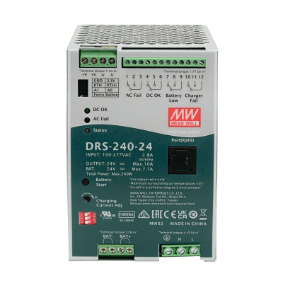 DRS-240-24. MEANWELL Fuente 24 VCC 10 A 240 W para baterías 10-100 AH, conector RJ45, ancho 86 mm, entrada 100-277 V, montaje en riel DIN