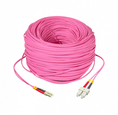 JF4LC200. Cable de fibra óptica multimodo OM4 dúplex LSZH de 200 metros con conectores LC-SC, núcleo de 50/125 µm y cubierta de 3 mm
