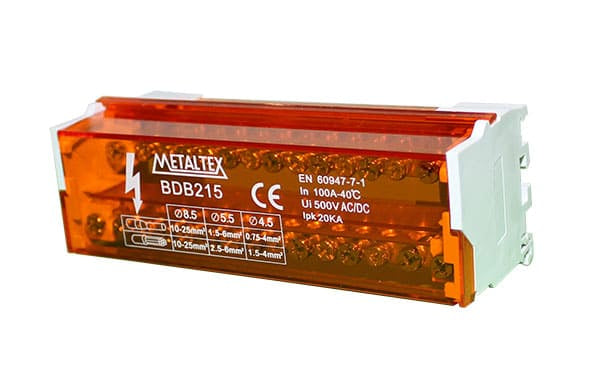 Bloque de distribución modular 100A 2 ó 4 polos serie BDB - 7 vías - 2 Polos