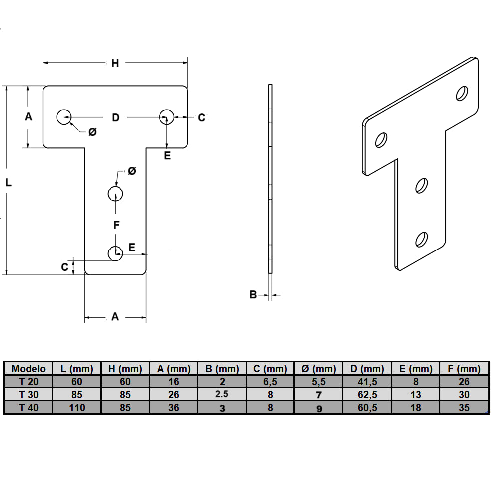 Placa Unión Tipo T Para Perfil Tslot 30x30 (pack 2 und)
