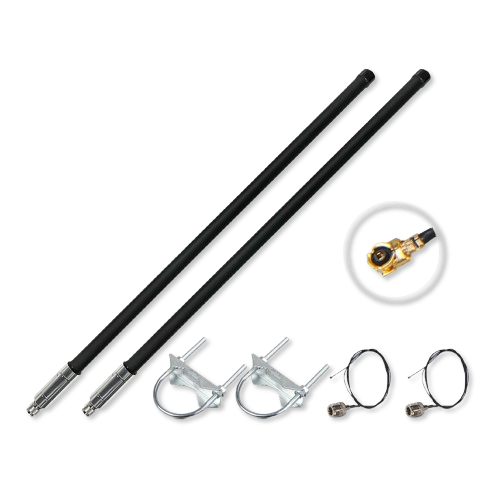 Bundle de antenas de fibra de vidrio 5.8dBi para LoRa® (902-930 MHz) - N-Type a iPEX - Bundle 1 — 2 antenas + 2 pigtails + 4 soportes - Negro
