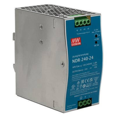 NDR-240-24. Fuente de alimentación MEANWELL para riel DIN, 24VDC 240W 10A, ajustable 24-28V, ancho 63 mm