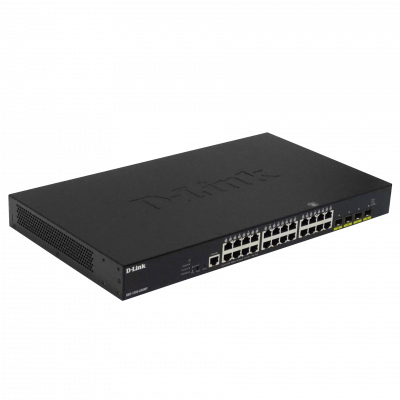 DGS-1250-28XMP. Conmutador Inteligente Rack D-LINK 24 puertos 1000 con PoE+af/at, 4 ranuras SFP+10G, 370W totales y puerto de consola