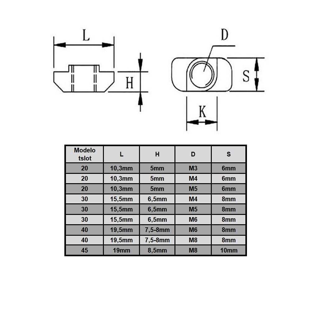Tuerca "T" Tslot 30 mm M6 (pack 50 und)