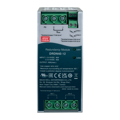 DRDN40-12. MEANWELL módulo de redundancia 12VDC 40A, ancho 55mm, riel DIN, entrada 9-14VDC